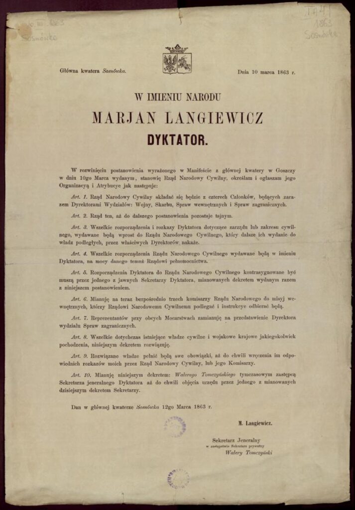 22 stycznia – 163. rocznica wybuchu Powstania Styczniowego 4 manifest langiewicza